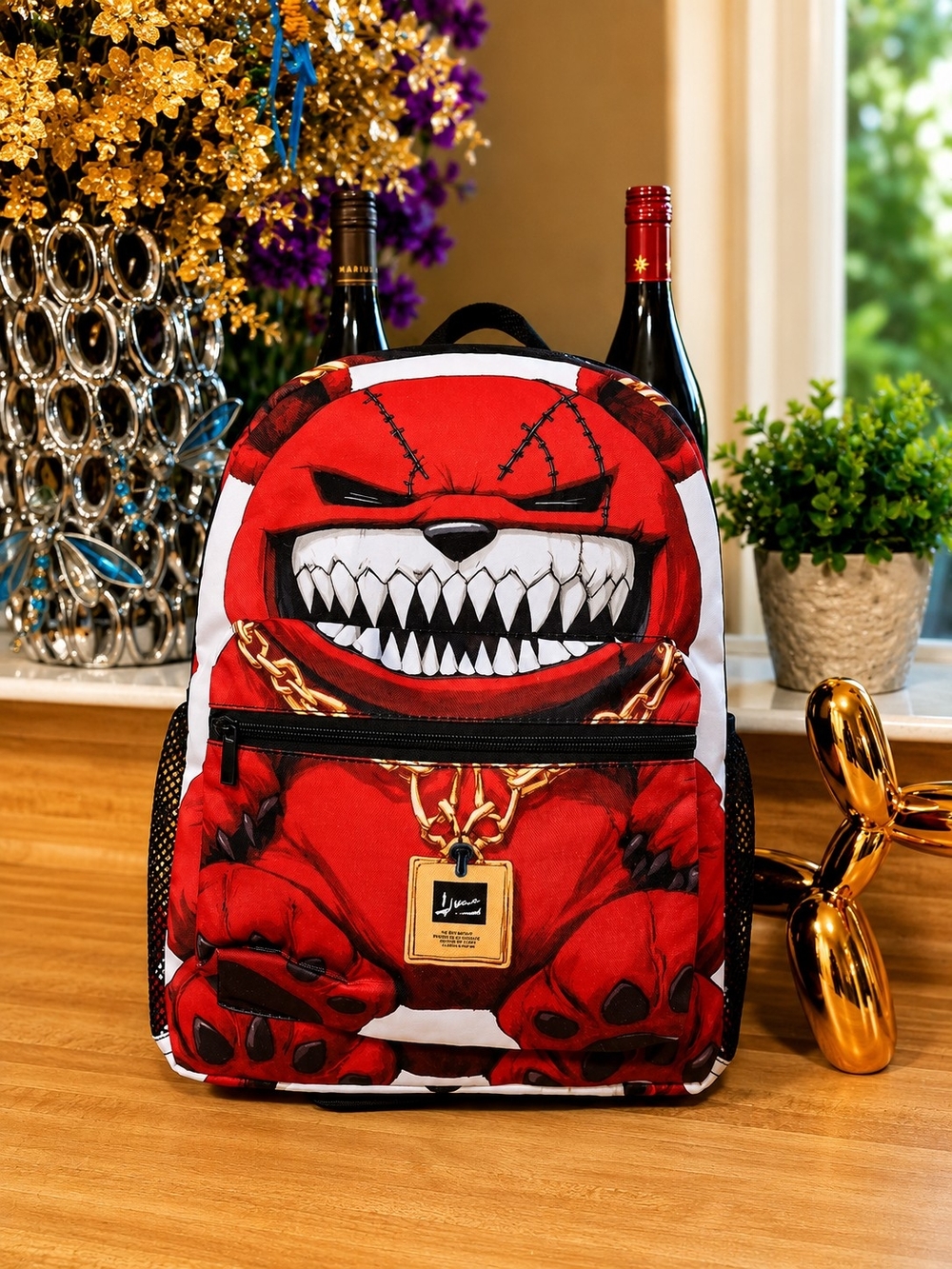Red Graphic Monster Backpack with Gold Chain Accent - Unbranded